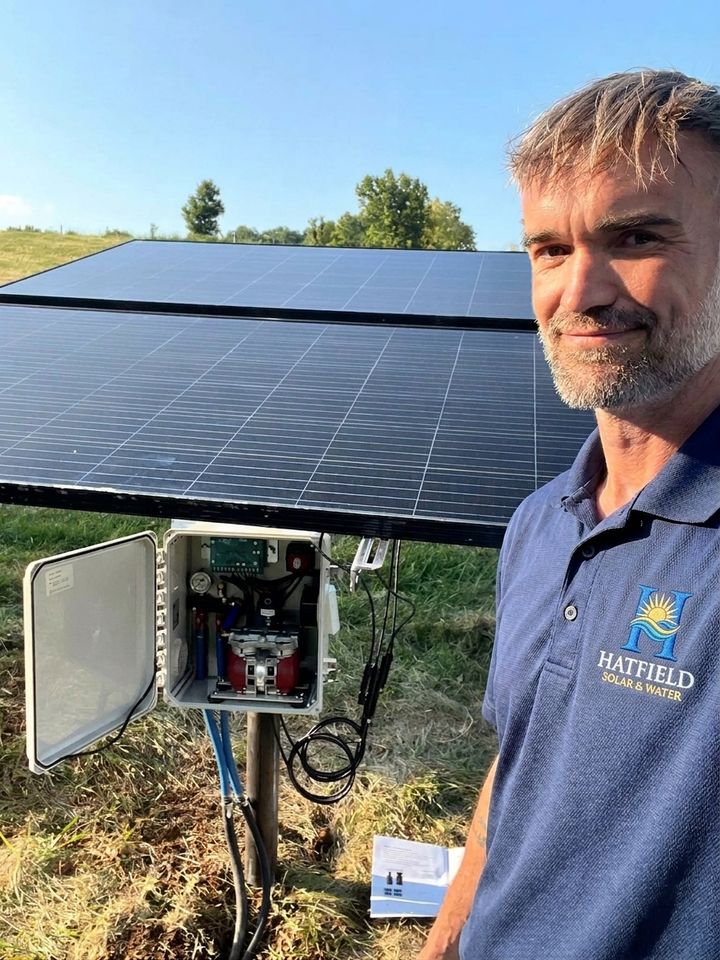 JT Hatfield standing beside a solar panel and aerator compressor box he installed in a Kentucky pasture